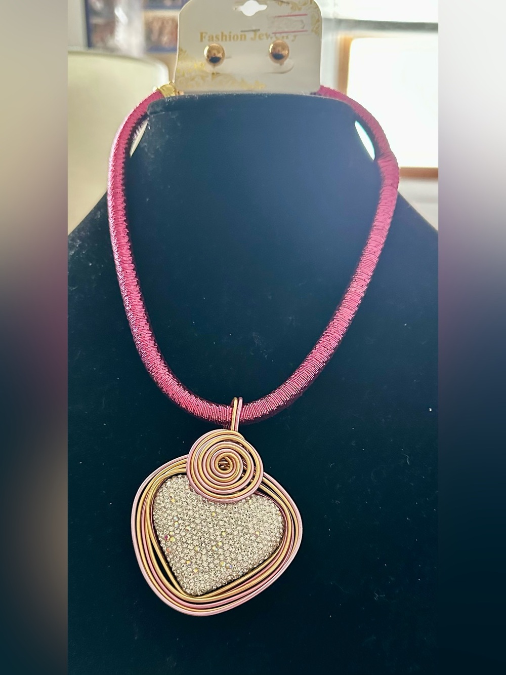 Fashion Jewelry Pink Wrapped Cord Necklace with Crystal Pave Heart Pendant